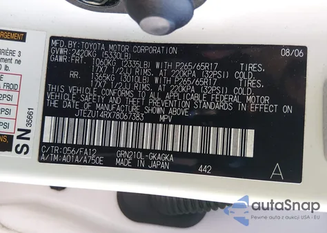 2007 Toyota 4Runner Sr5 V6 из США, поврежденный, VIN JTEZU14RX78067383